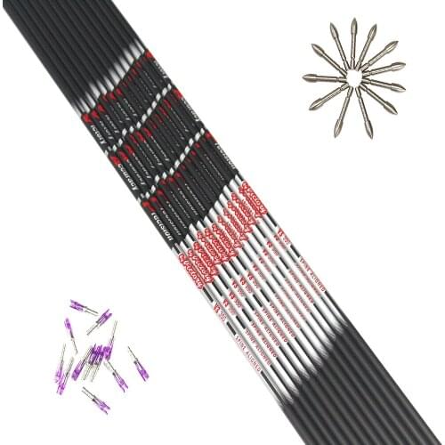 Archery 30" spine350/400/500/600/700/800/900 carbon arrow shaft ID.166"+12pcs target point+12pcs pin nock for DIY arrow