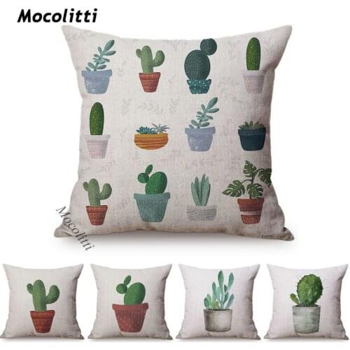 Greens Succulents Cactus Thorns Small Bonsai Design Home Decoration Cushion Cover Cotton Linen Office Sofa Throw Pillows Cover