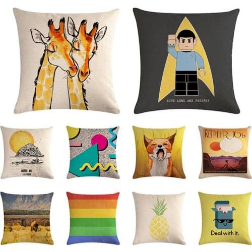 Yellow Cartoon Animals Fox Giraffe Cushion Cover Cotton Linen Deer Swallow Pillowcase Home Car Sofa Decorative ZY1373