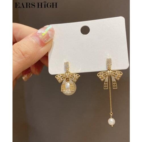 EARS HIGH Korean Cute Micro Zircon Asymmetric Bowknot Drop Earrings For Women Girls Elegant Pearl Brincos Wedding Jewelry