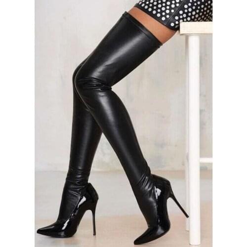Women Chic Black PU Leather Pointed Toe Stiletto Heel Thigh High Boots Sexy Patent Leather Over Knee Long Boots New Arrival