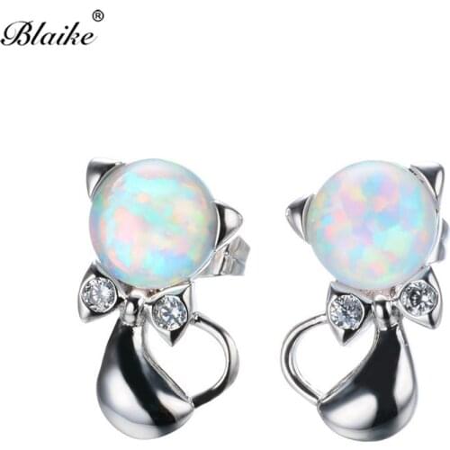 Blaike White/Blue Fire Opal Cat Stud Earrings For Women Silver Color Birthstone Bowknot Earrings Fashion Jewelry