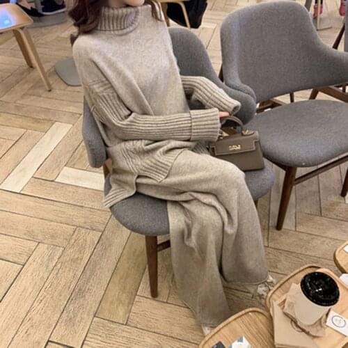 Womens Knitted Suits New Winter Fashionable Knitted Pants Set Loose Thick Sweaters Wide Leg Pants Trousers Two-piece Set
