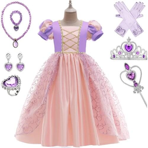 2021 Lucky Girls Princess Dress Halloween Party Cosplay Costume Baby Girls Christmas Purple Sophia Rapunzel Princess Dress Set