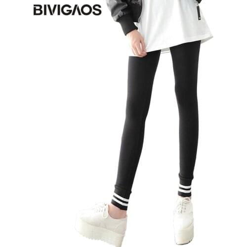 BIVIGAOS Spring Ankle Stitching White Stripe Women Leggings Cotton Slim Black Workout Leggings Gothic Legging Pants Women Gotico