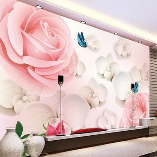Custom Mural 3D Embossed Pink Flower Butterfly Wall Painting Art Wallpaper For Living Room Sofa Bedroom TV Background Wall Decor