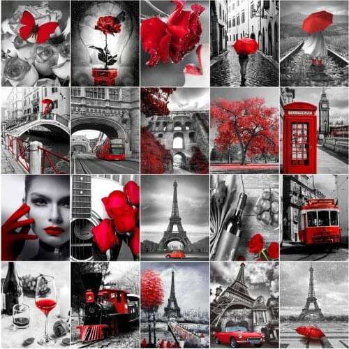 GATYZTORY Oil Painting By Numbers Red Black City Scenery Acrylic Drawing Canvas Picture For Adults Rose Home Decoration Gift