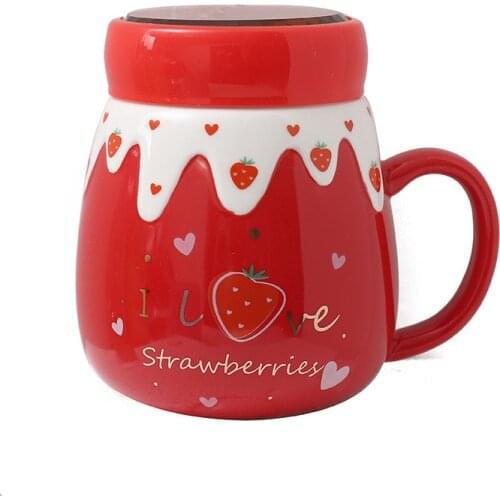 550ML Korean Strawberry Coffee Mug Creative Mirror Ceramic Cup Student Cute Flower Tea Cup Sealed Office Cup with Lid Handle