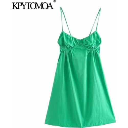 KPYTOMOA Women 2021 Chic Fashion With Gathered Party Mini Dress Vintage Backless Thin Straps Female Dresses Vestidos Mujer
