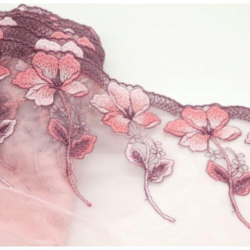 1Meter 17.5 CM Wide Flowers Embroidered Lace Trim Pink Soft Mesh Fabric For Lingerie Underwear Dolls Dress Bra Decor Handmade