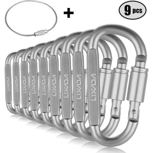 Lixada 9pcs D-ring Locking Carabiner Clip Set Screw Lock Hanging Hook Buckle Keychain with Steel Wire Ring Camping Equipment