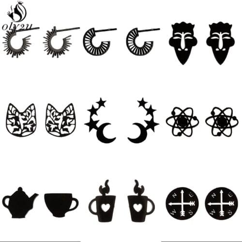 Minimalist Black Spike Sun Open Round Circle Earrings for Women Girls Punk Star Moon Studs Simple Compass Earings pendientes