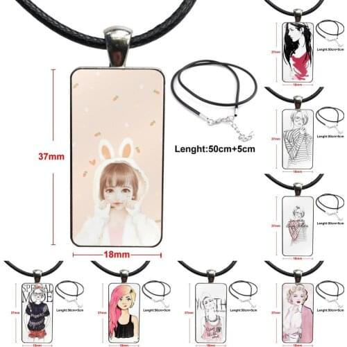 Fashion Girl Personality Theme For Women Kids Gift Steel Color Glass Cabochon With Rectangle Shaped Pendant Choker Necklace