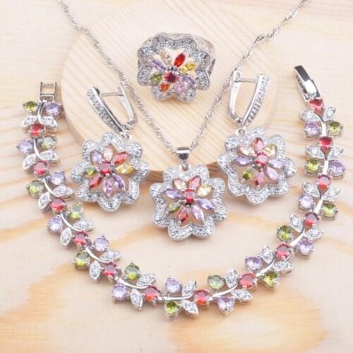 2020 New Multicolor Zirconia Silver Plated Jewelry Set For Women Engagement Gift Bracelet Necklace Pendant Earrings Ring QS0706