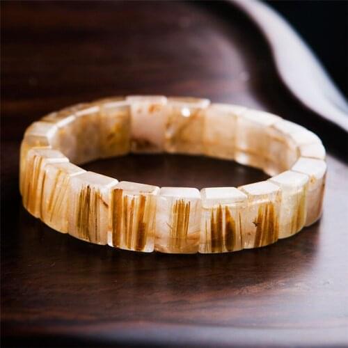 2018 New Arrival Natural Titanium Golden Rutilated Quartz Crystal Rectangle Beads Stretch Charm Bracelets