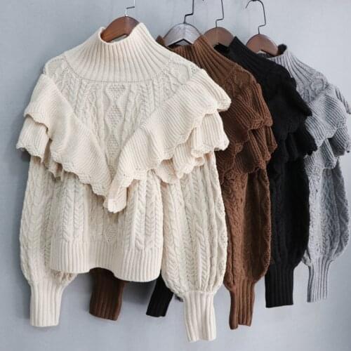 Spanish Order ~ New Winter Half Turtleneck Laminated Falbala Thread Lantern Sleeve Knit Sweater Pullover Tops