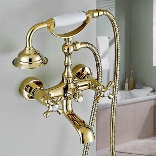 Luxury Gold Color Brass Wall Mount Bathtub Tub Mixers Two Cross Handles Bathroom Bath Shower Faucet with Handshower Ktf134