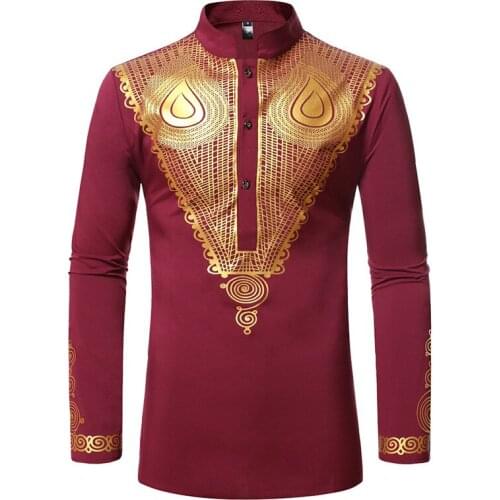 Wine Red African Dashiki Print Shirt Men 2020 Brand Luxury Metallic Shirts Men Hip Hop Streetwear African Clothes Chemise Homme