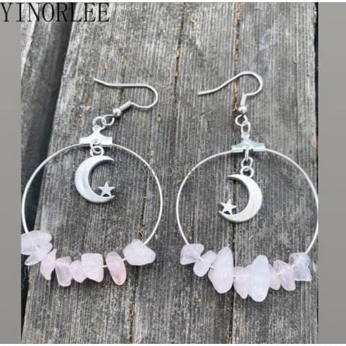 Moon In Rose Quartz Hoop Bohemia Earrings Stars Dangle Witch Jewelry Healing Halloween Statement Delicacy Jewelry Women Gift