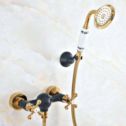 Black Gold Bathroom Shower Faucet Bath Faucet Mixer Tap With Hand Shower Head Set Wall Mounted zna511