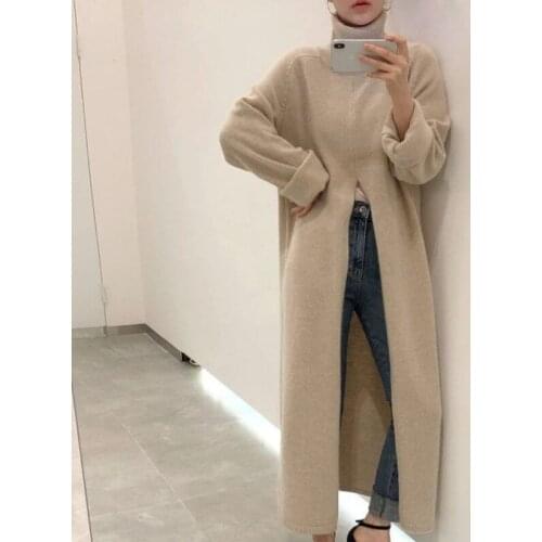 Ultra Long Street Chic Loose Sweater Women Trendy Turtleneck Pullover Casual Slit Knitted Long Top