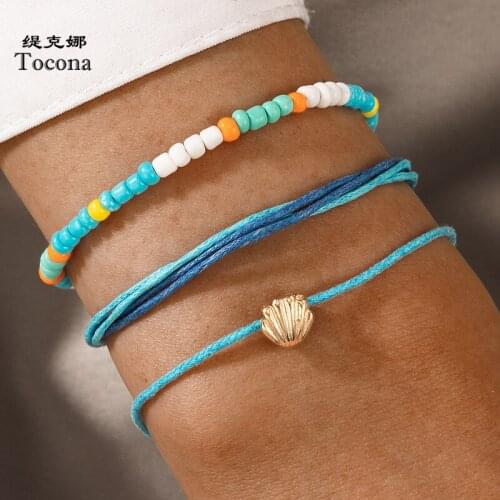 Tocona 3pcs/sets Colorful Beaded Rope Bracelets for Women Men Summer Shell Scallop Alloy Metal Adjustable Boho Jewelry 17913