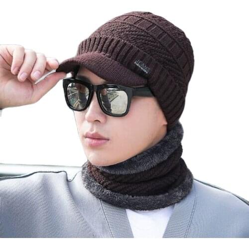 XEONGKVI Korean Winter Warm Duck tongue Knitted Cap Scarf Two-piece Set Brand Skullies Beanies Pompom Men Woolen Hat