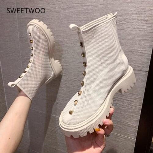 2021 Cool Boots Genuine Leather Mesh Zipper Female Pumps Spring Summer Round Toe Square High Heel Women Shoes Size 34-41