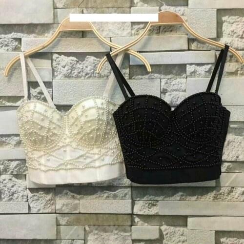 P156 Good Quality New White Pearls Bralet Corselets Womens Party Wedding Bustier Bra Cropped Top Vest Plus Size