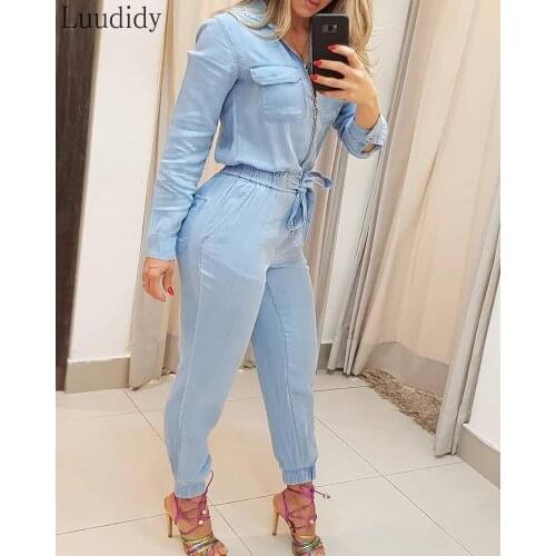 Women Long Sleeve Zipper Pocket Design Denim Jumpsuit
