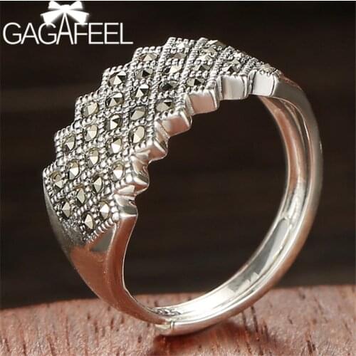 GAGAFEEL Luxury Marcasite Ring 925 Sterling Silver Rings with Stone for Women Adjustable Rings Fine Jewelry Gifts