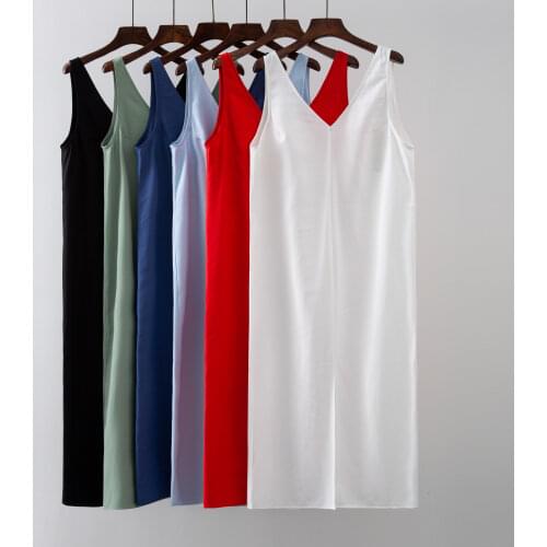 2021 Summer Women Solid White V Neck Sleeveless Fashion Dress Split Tank Dress