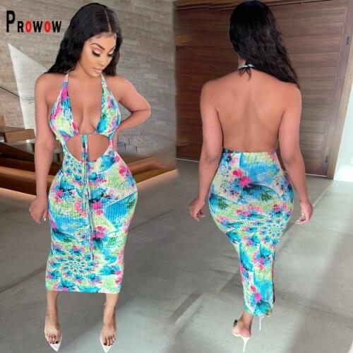 Prowow Halter Women Dress Sexy Backless Tie Dye Maxi Print Dresses for Woman 2021 New Summer Ribbed Female Hollow Out Outfits