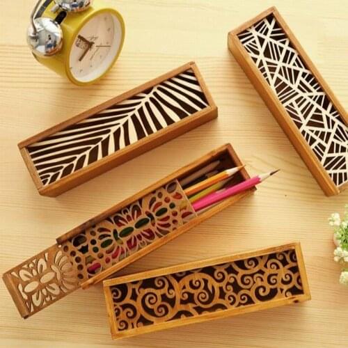 100PC Vintage Style Convenient Hollow Wood Pencil Case Jewelry Candy Storage Box Wooden Organizer Drawer Pen Holder