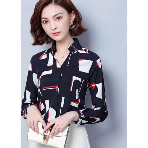 Spring fashion elegant soft chiffon shirt 2019 new design korea style V-Neck long sleeve gepmetric print blouse