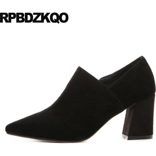 Brand Women Winter Boots Genuine Leather Short Suede Booties Ankle Fur Pointed Toe Ladies Chunky Sheepskin Black High Heel Shoes