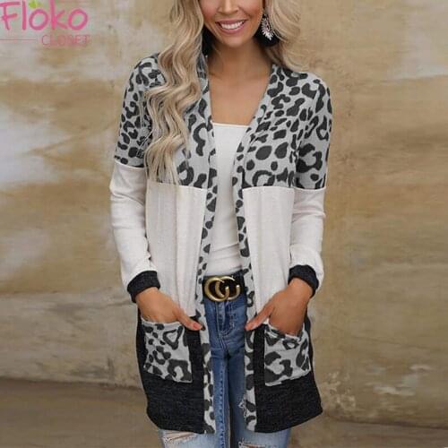 Flokocloset Casual Leopard Print Knitted Cardigan Women 2021 Fashion Long Sleeve Sweater Open Stitch Coat