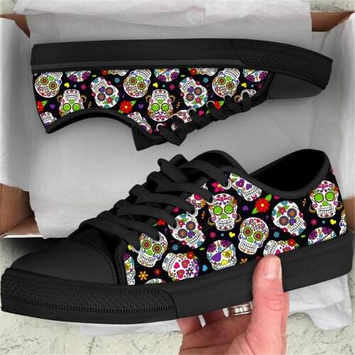 ELVISWORDS Sugar Skull 3D Pattern Classic Low Style Vulcanized Canvas Shoes for Teen Girls Spring Autumn Women Lace Up Sneakers