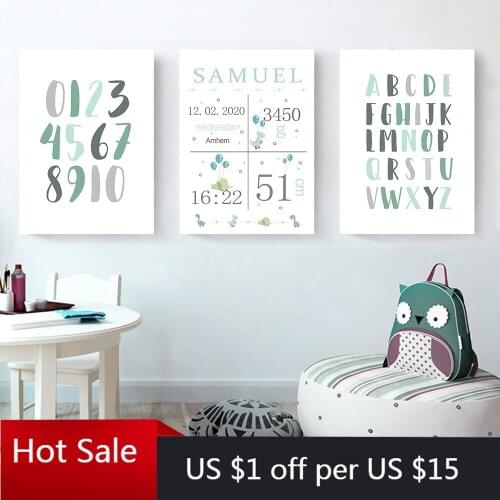 Boy Custom Name Birth Print ABC Alphabet Wall Art Canvas Painting Number Enlightenment Poster Picture Nursery Baby Room Decor