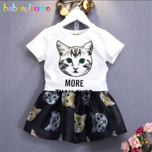 New Summer Kids Girls Clothes Cartoon Cat Design T-shirt+Skirt 2PCS Set Baby Girls Outfits Toddler Clothing 0-7Year Child BC1085