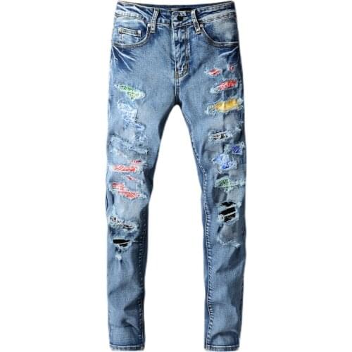 New High street fashion brand new ripped jeans male personality color patch stretch slim slimming pants Trousers 675