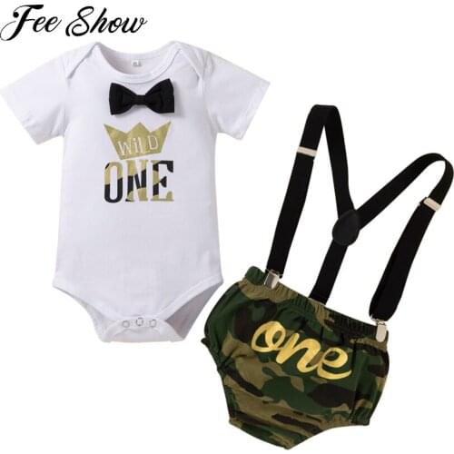 Baby Boy Clothes Infant Gentleman 1st Birthday Newborn Boys Christening Outfit Toddler Letter One Rompers + Suspender Pants