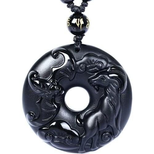 Natural Black Obsidian Beads Necklace Hand-Carved Zodiac Sheep Safety Button Jade Pendant Fashion Charm Jewelry Amulet Gifts