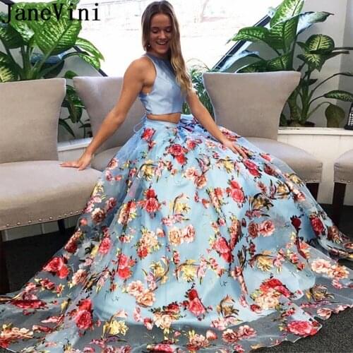 JaneVini 2020 Sky Blue Floral Print Two Pieces Vestido Prom Dress Long Backless Evening Gown Formal Party Dresses suknia 이브닝드레스