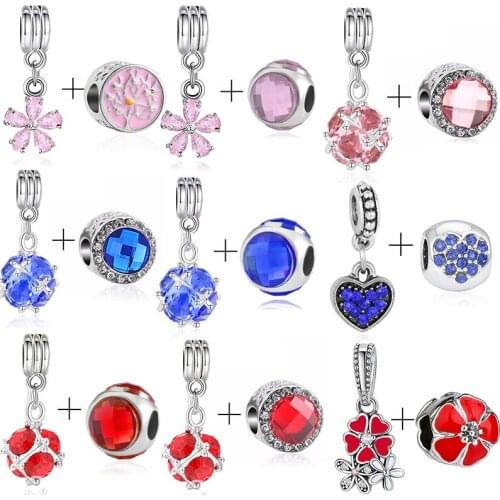 2Pcs/Lot 9 Styles Round & Flower Charm Pendant Beads Fits Original Brand Bracelets Necklaces for Women DIY Jewelry Making