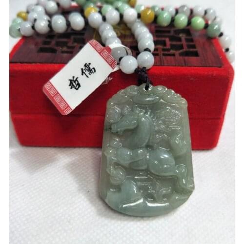 Zheru Jewelry Pure Natural Jadeite Dark Green Zodiac Horse Pendant Tricolor Jade Bead Necklace Send A Country Certificate