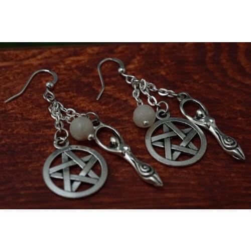 Natural Moonstone Pentagram Earrings,Moon Goddess Chain Dangle Earrings,witchy Jewelry,witchcraft,wicca,pagan Gift,magick