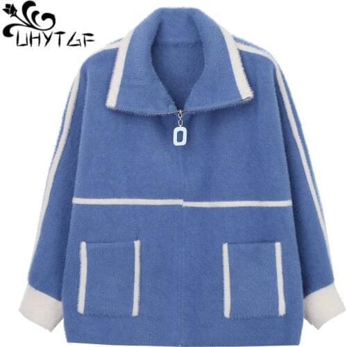 UHYTGF Knit Sweater Cardigan Women Fashion Mink Fleece Casual Warm Autumn Winter Jacket Bat Sleeve Loose Student Short Coat 1102