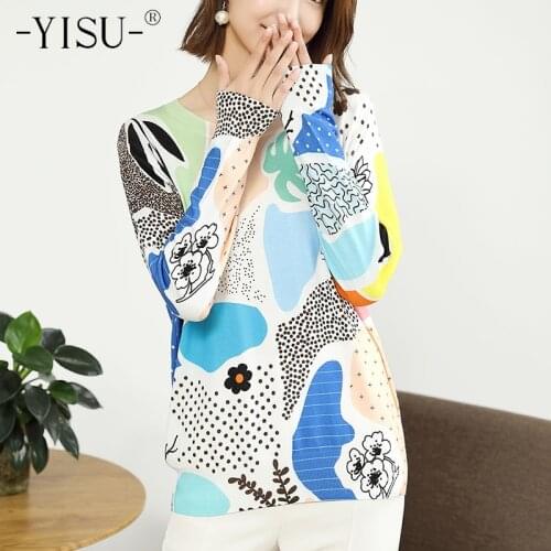 YISU Fashion Printed sweater Knitted Pullovers 2020 Autumn Winter Long Sleeve O-Neck Jumper Women Loose Cartoon print sweater
