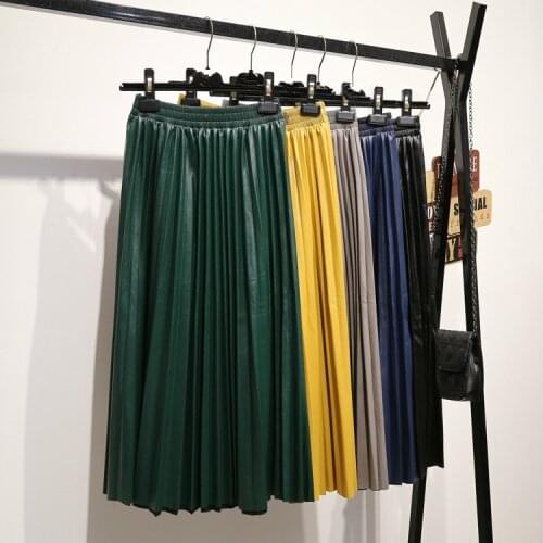 2020 spring&summer Fashion New PU Leather Pleated Skirt Elastic High Waist All-match Females Bottoms